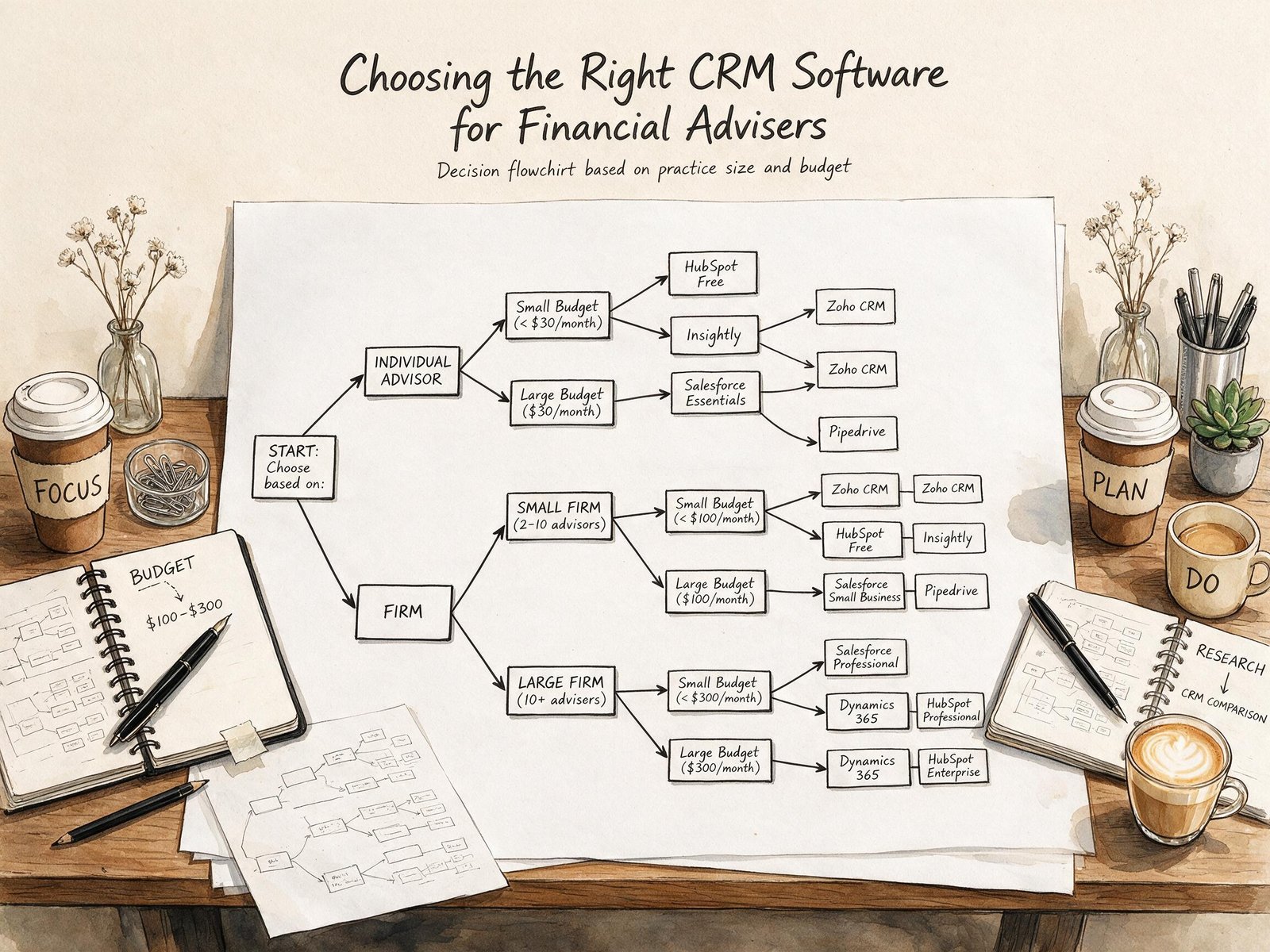 Decision flowchart for choosing the right financial advisor CRM software based on practice size.