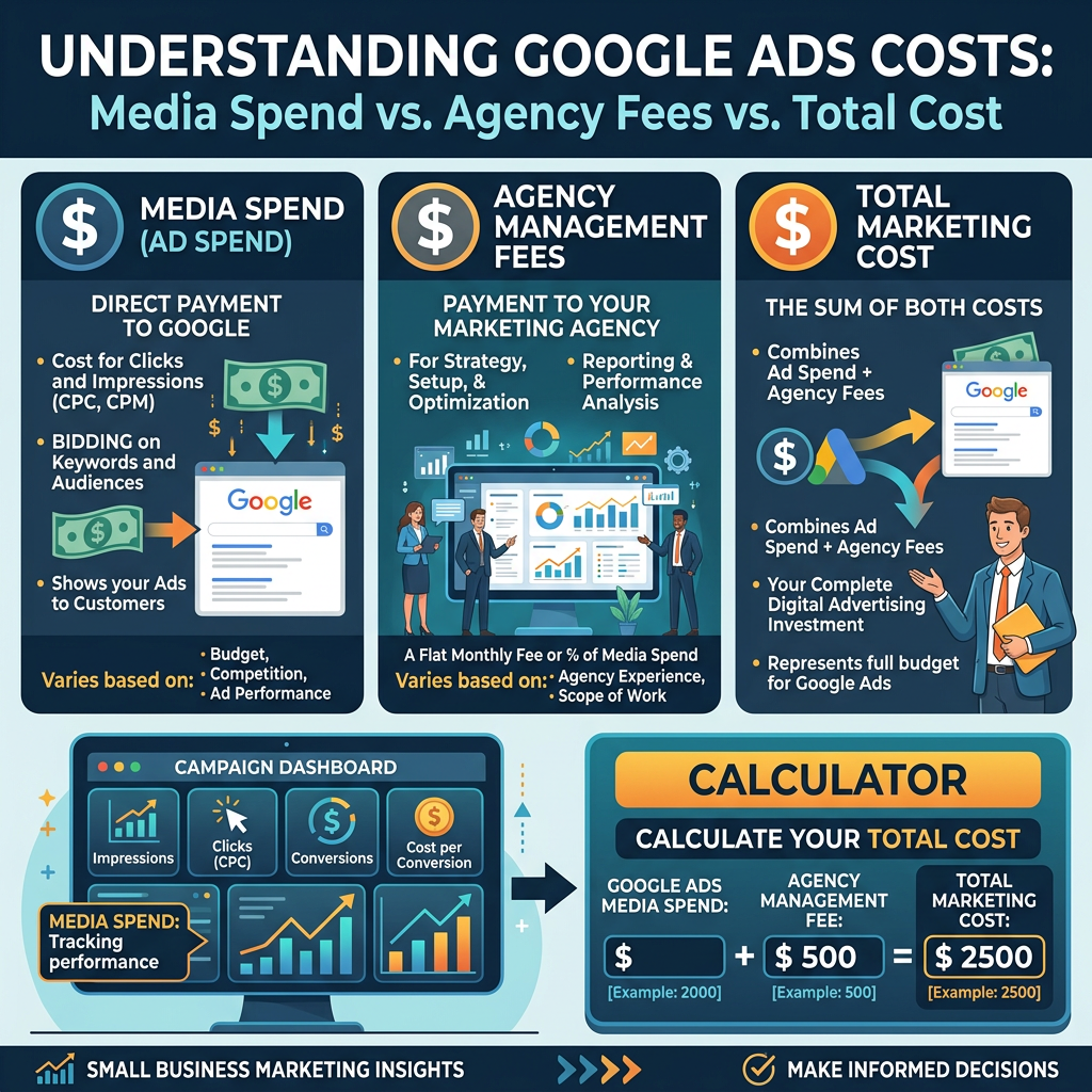 Infographic showing Google Ads spend, agency fees, and total monthly cost