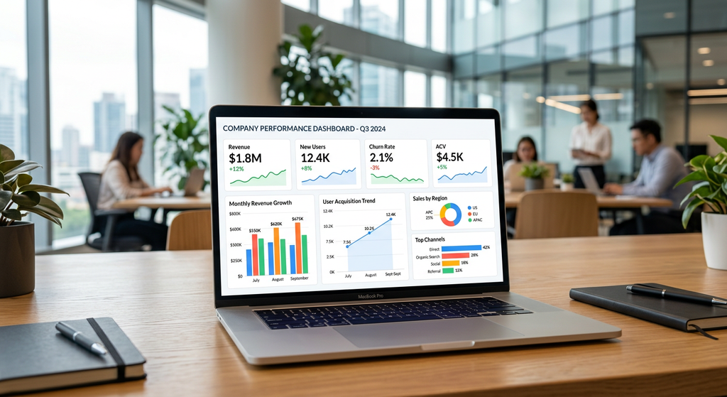 Management reporting software dashboard displaying real-time financial KPIs and charts