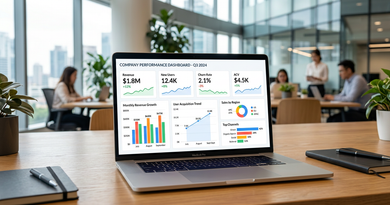 Management reporting software dashboard displaying real-time financial KPIs and charts