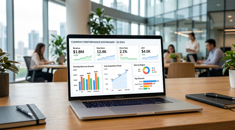 Management reporting software dashboard displaying real-time financial KPIs and charts