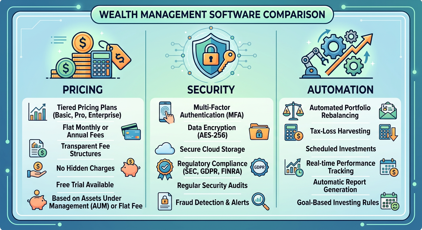 Comparison chart of wealth management software pricing, security, and automation features