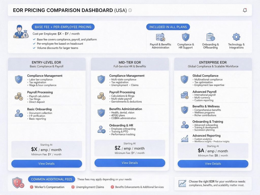 Employer of Record pricing comparison showing costs, payroll, benefits, and compliance services
