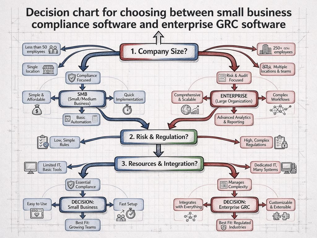 An infographic showing a decision tree — "Under 50 employees? Single state? → SMB tool" vs "Multi-state or regulated industry? → Enterprise GRC."